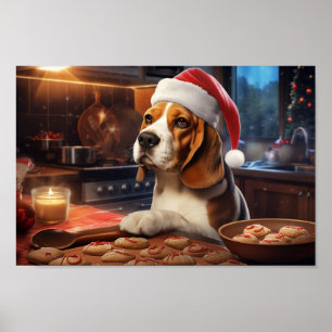 Beagle Baking Christmas Cookies in a Santa Hat Poster