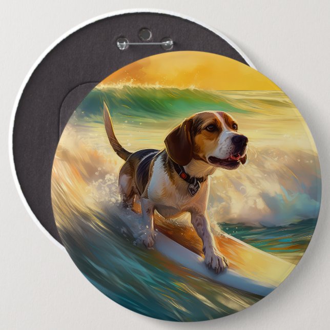Beagle Beach Surfing Painting 6 Inch Round Button (Front & Back)