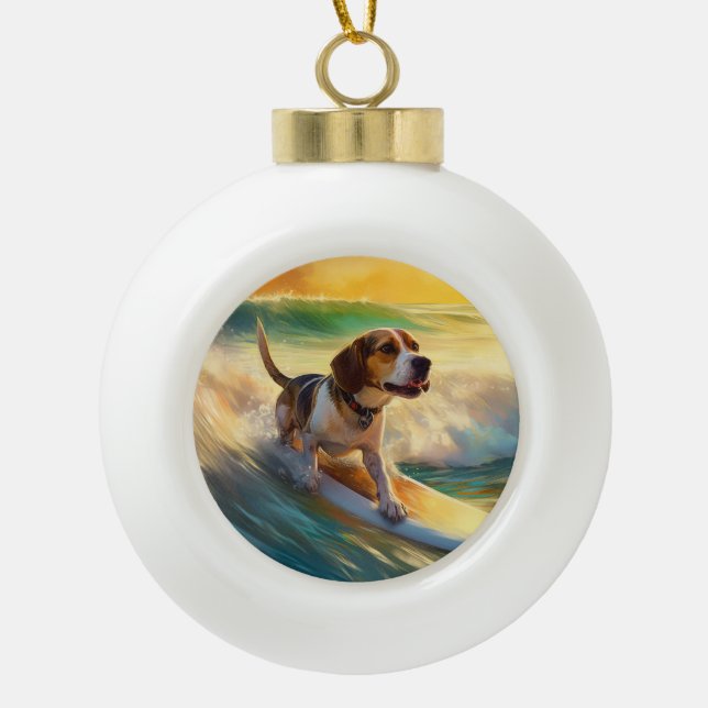 Beagle Beach Surfing Painting Ceramic Ball Christmas Ornament (Front)