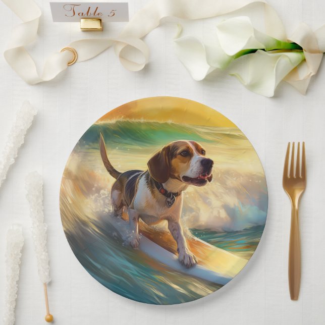 Beagle Beach Surfing Painting Paper Plate (Wedding)