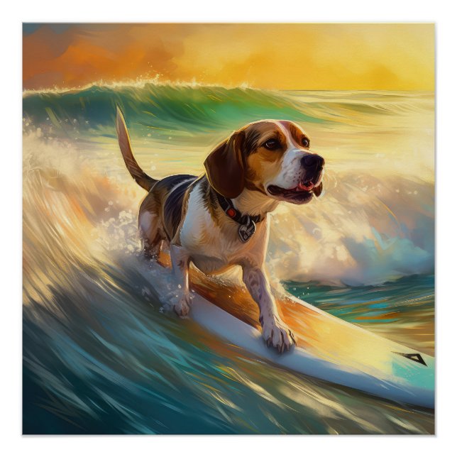 Beagle Beach Surfing Painting Poster (Front)