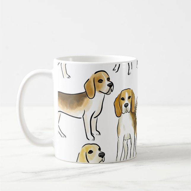 Beagle Beauty: Watercolor Dog Pattern Coffee Mug (Left)