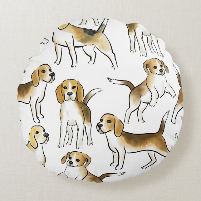 Beagle Beauty: Watercolor Dog Pattern Round Pillow (Front)