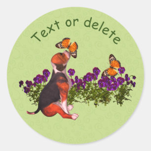Beagle Butterflies Pansies Cute Personalized Classic Round Sticker