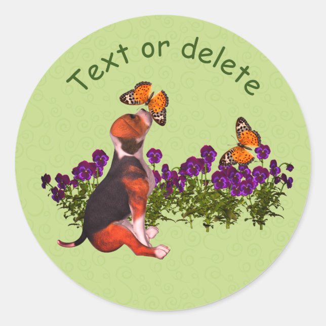 Beagle Butterflies Pansies Cute Personalized Classic Round Sticker (Front)