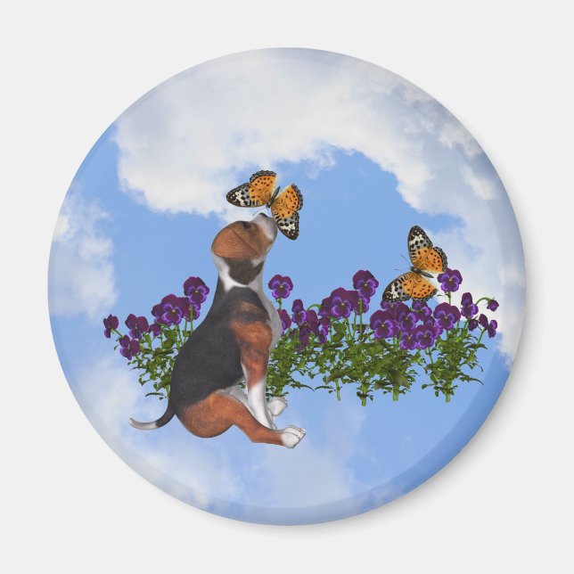 Beagle Chiot Papillons Fleurs Animal Magnet (Devant)