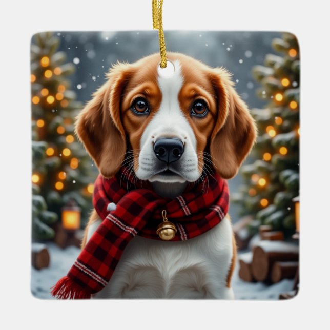 Beagle Christmas Art Ceramic Ornament (Front)