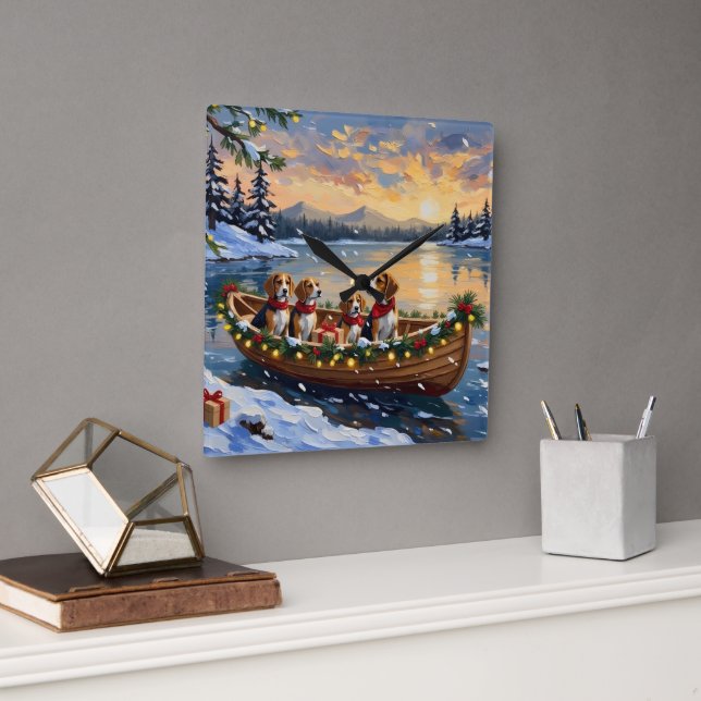 Beagle Christmas Boat Holiday Square Wall Clock (Office)