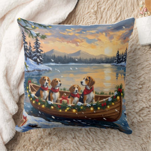 Beagle Christmas Boat Holiday Throw Pillow