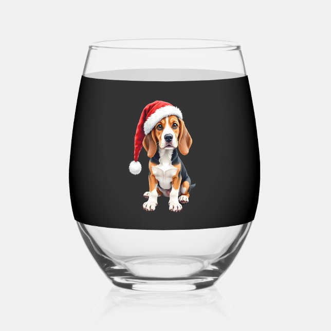 Beagle Christmas Dog Long Sleeve T-Shirt Stemless Wine Glass (Front)