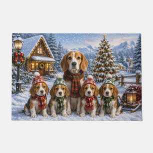 Beagle Christmas Family Snowy Winter Holiday Scene Doormat