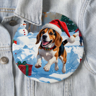 Beagle Christmas Festive Snow Scene 6 Inch Round Button