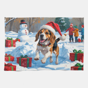 Beagle Christmas Festive Snow Scene Kitchen Towel