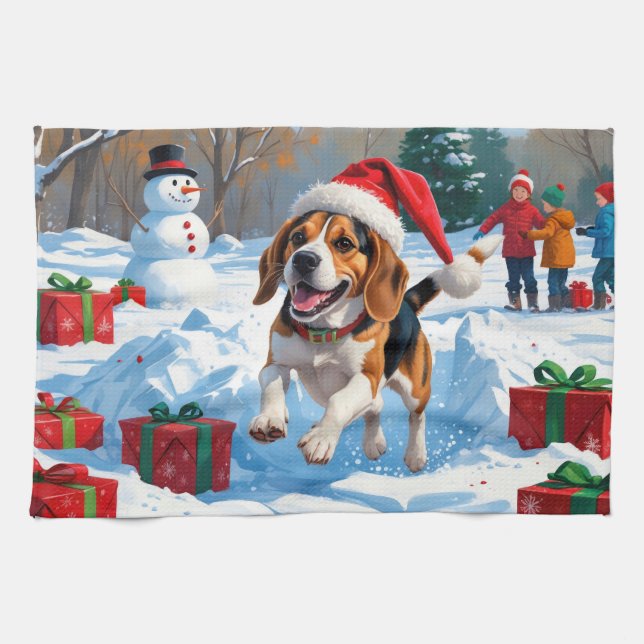 Beagle Christmas Festive Snow Scene Kitchen Towel (Horizontal)