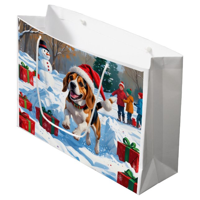 Beagle Christmas Festive Snow Scene Large Gift Bag (Front Angled)