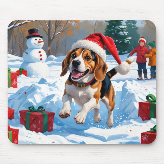 Beagle Christmas Festive Snow Scene Mouse Pad (Front)