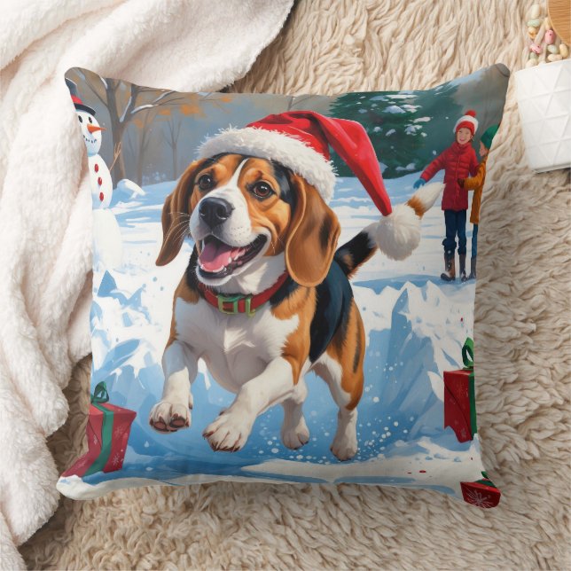 Beagle Christmas Festive Snow Scene Throw Pillow (Blanket)