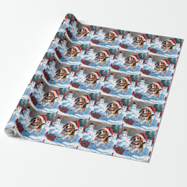 Beagle Christmas Festive Snow Scene Wrapping Paper (Unrolled)