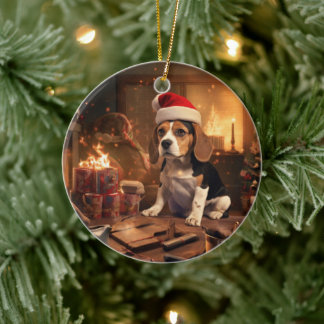 Beagle Christmas, Gift for Beagle Police Lover Ceramic Ornament
