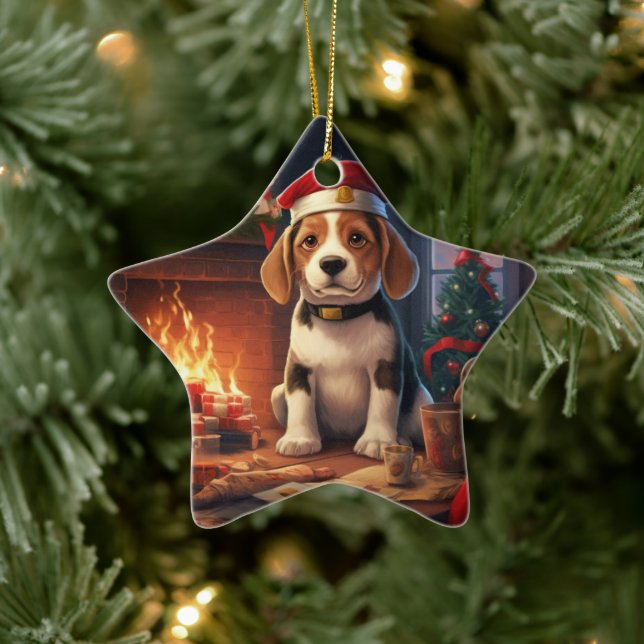 Beagle Christmas, Gift for Beagle Police Lover Ceramic Ornament (Tree)