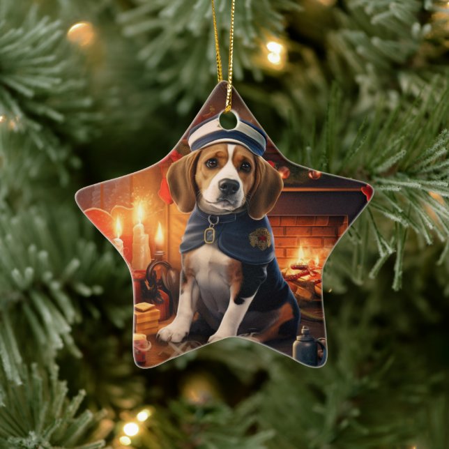 Beagle Christmas, Gift for Beagle Police Lover Ceramic Ornament (Tree)