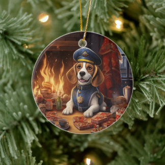 Beagle Christmas, Gift for Beagle Police Lover Ceramic Ornament