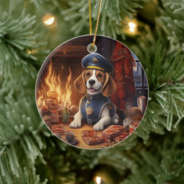 Beagle Christmas, Gift for Beagle Police Lover Ceramic Ornament (Tree)