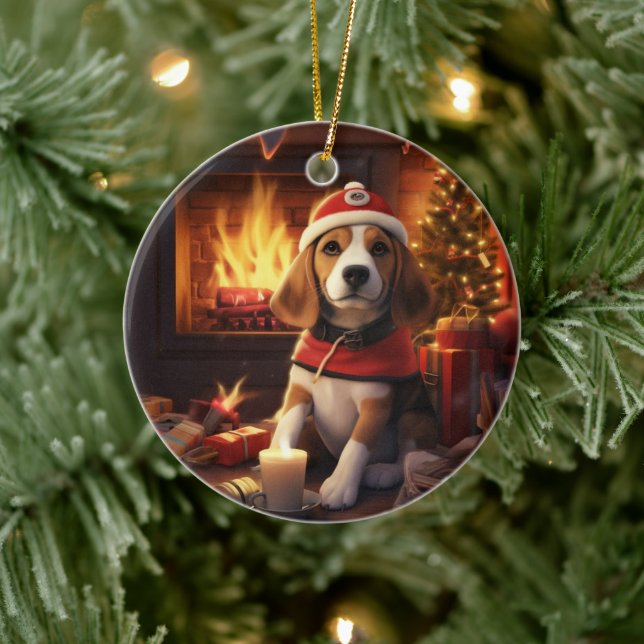 Beagle Christmas, Gift for Beagle Police Lover Ceramic Ornament (Tree)