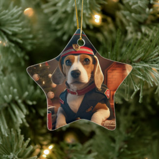 Beagle Christmas, Gift for Beagle Police Lover Ceramic Ornament