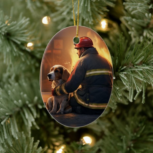 Beagle Christmas, Gift for Dog Firefighter Lover Ceramic Ornament (Tree)