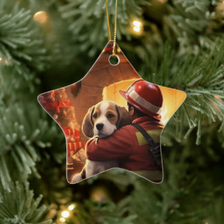 Beagle Christmas, Gift for Dog Firefighter Lover Ceramic Ornament