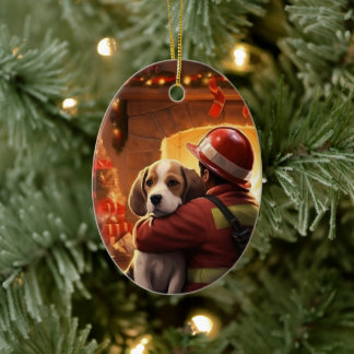Beagle Christmas, Gift for Dog Firefighter Lover Ceramic Ornament