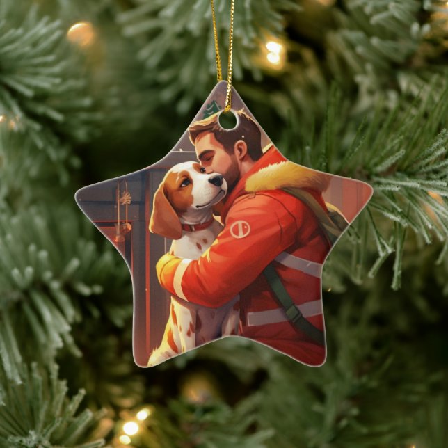 Beagle Christmas, Gift for Dog Firefighter Lover Ceramic Ornament (Tree)