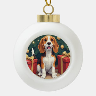 Beagle Christmas Morning Gift-Unboxing Painting Ceramic Ball Christmas Ornament