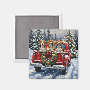 Beagle Christmas Red Truck Holiday Magnet