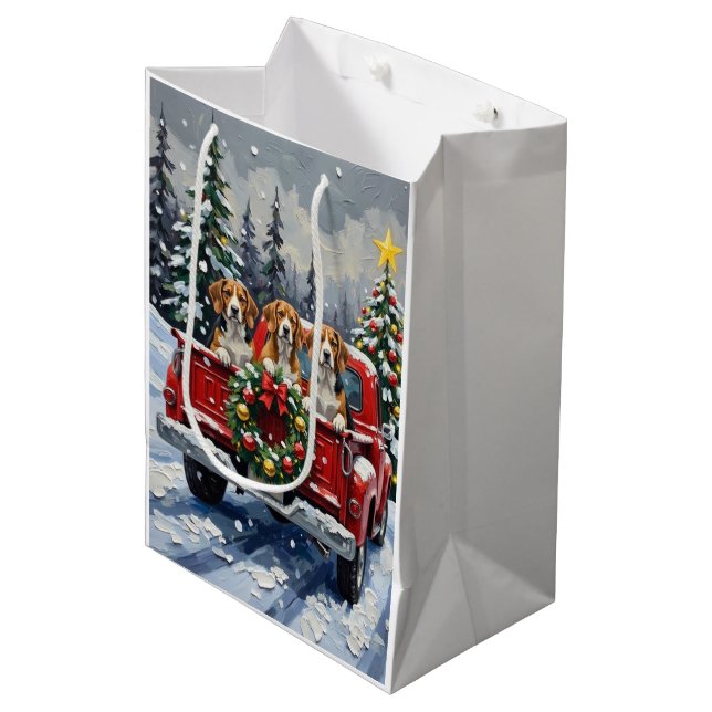 Beagle Christmas Red Truck Holiday Medium Gift Bag (Front Angled)