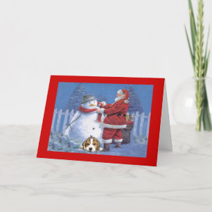 Beagle Christmas Santa and Snowman Greeting Card