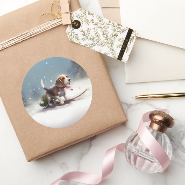 Beagle Christmas snow winter Classic Round Sticker (Gifting)