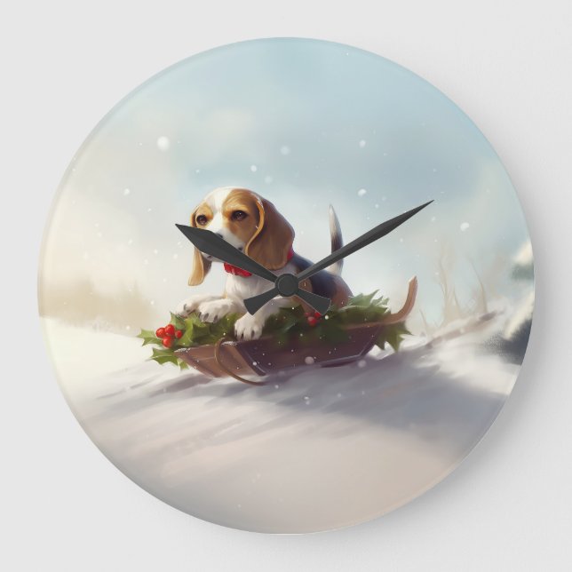 Beagle Christmas snow winter  Large Clock (Front)
