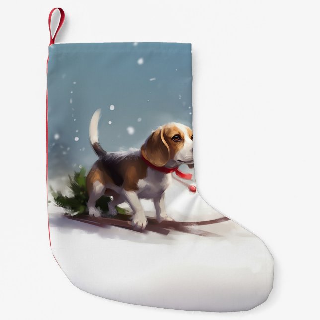 Beagle Christmas snow winter Small Christmas Stocking (Front)