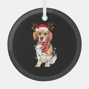 Beagle Christmas Tee Reindeer Christmas Lights Glass Ornament