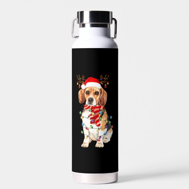 Beagle Christmas Tee Reindeer Christmas Lights Water Bottle (Front)