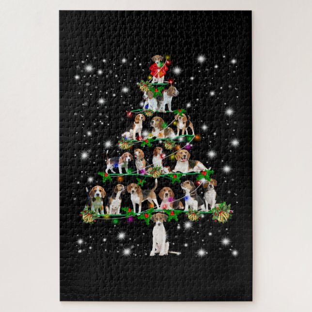 Beagle Christmas Tree Covered By Flashlight Jigsaw Puzzle (Vertical)