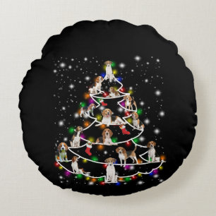 Beagle Christmas Tree Covered By Flashlight Round Pillow