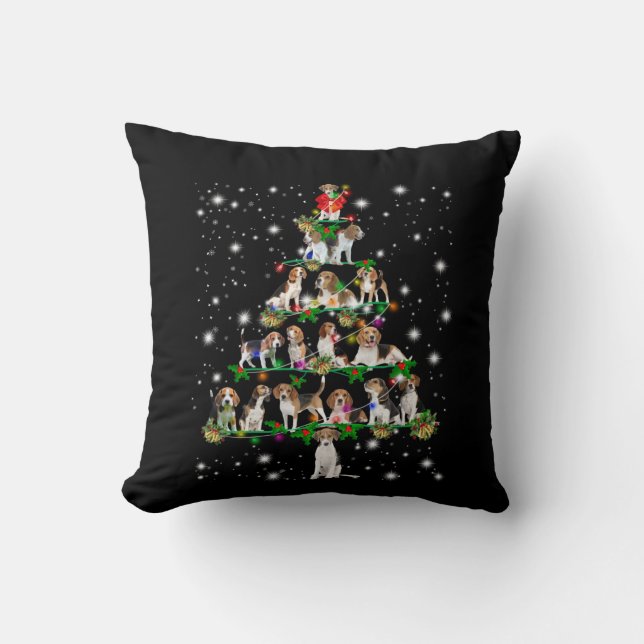 Beagle Christmas Tree Covered By Flashlight Throw Pillow (Front)