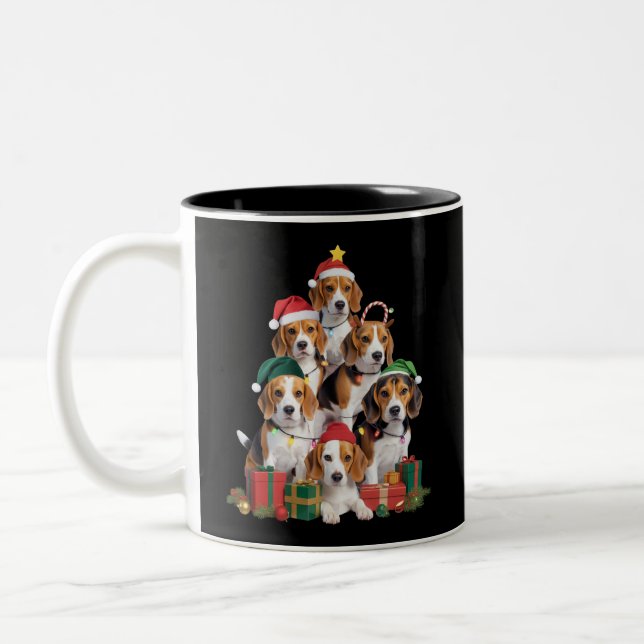 Beagle Christmas Tree With Santa Hat Dog Mom Dogs  Two-Tone Coffee Mug (Left)