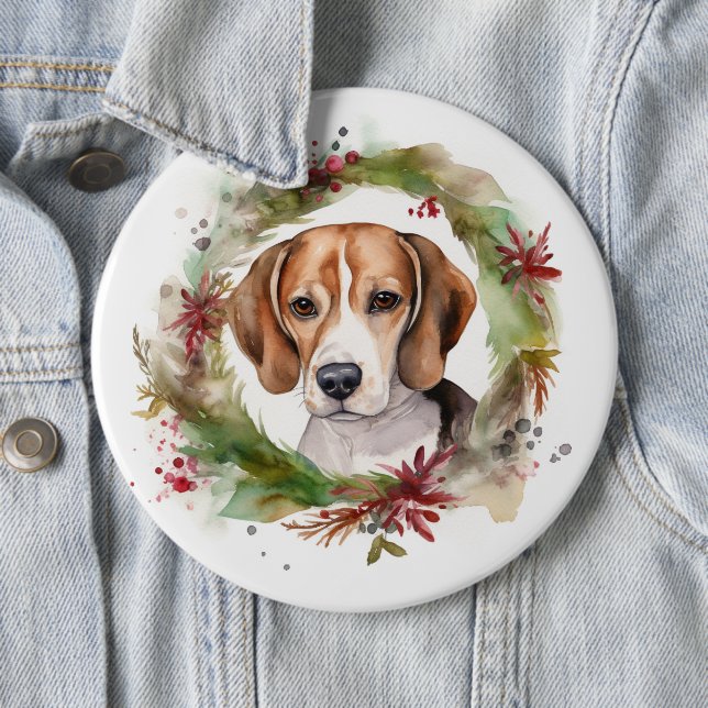 Beagle Christmas Wreath Festive Pup  6 Inch Round Button (In Situ)