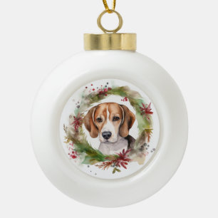 Beagle Christmas Wreath Festive Pup  Ceramic Ball Christmas Ornament