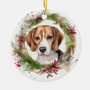 Beagle Christmas Wreath Festive Pup  Ceramic Ornament