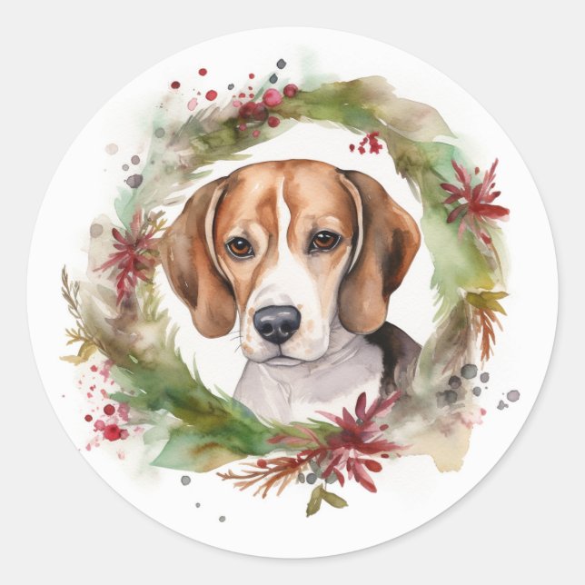 Beagle Christmas Wreath Festive Pup  Classic Round Sticker (Front)